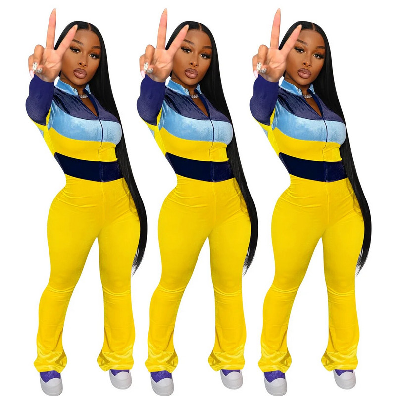 CM.YAYA Ženski kombinezon dugih rukava s patentnim zatvaračem od baršunastog patchworka Active Moto Biker Skinny Jednodijelni sportski kombinezon