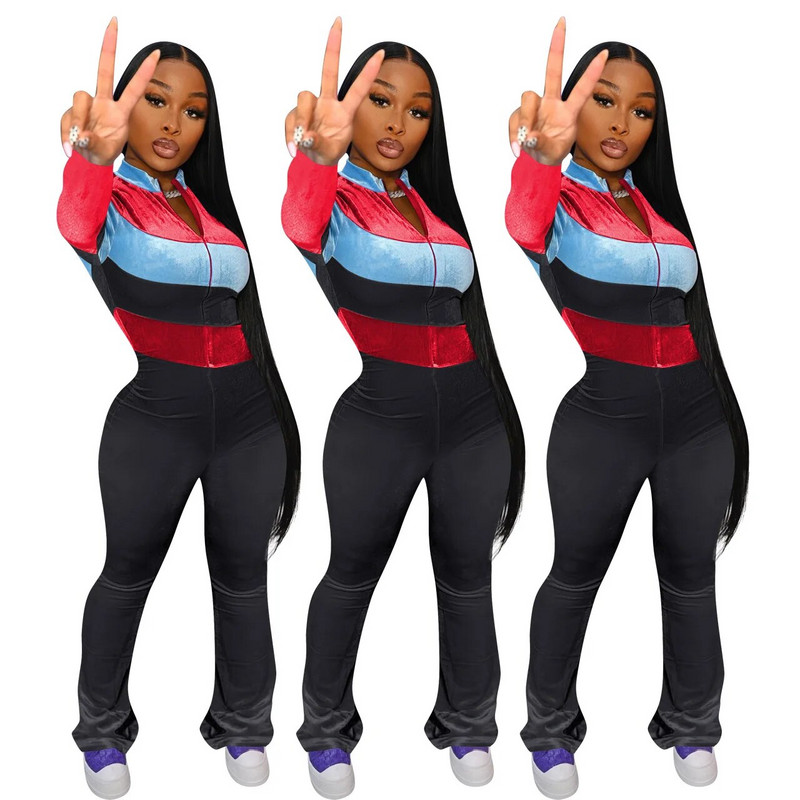 CM.YAYA Ženski kombinezon dugih rukava s patentnim zatvaračem od baršunastog patchworka Active Moto Biker Skinny Jednodijelni sportski kombinezon