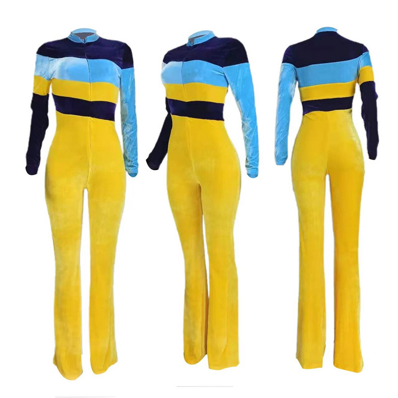 CM.YAYA Ženski kombinezon dugih rukava s patentnim zatvaračem od baršunastog patchworka Active Moto Biker Skinny Jednodijelni sportski kombinezon