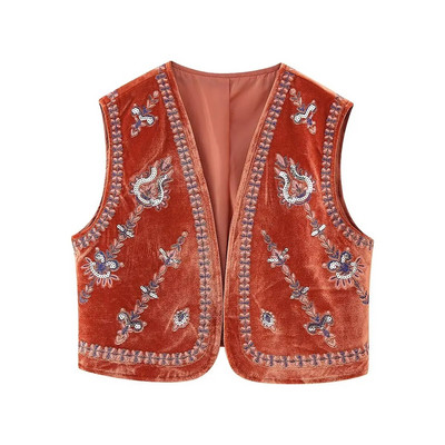 Zevity pentru femei, vintage, paiete, broderie de flori, vestă scurtă de catifea, jachetă pentru femei, fără mâneci, ocazional, cardigan, vestă, topuri CT5465