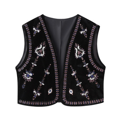 Zevity pentru femei, vintage, paiete, broderie de flori, vestă scurtă de catifea, jachetă pentru femei, fără mâneci, ocazional, cardigan, vestă, topuri CT5465