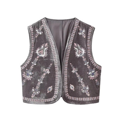 Zevity pentru femei, vintage, paiete, broderie de flori, vestă scurtă de catifea, jachetă pentru femei, fără mâneci, ocazional, cardigan, vestă, topuri CT5465