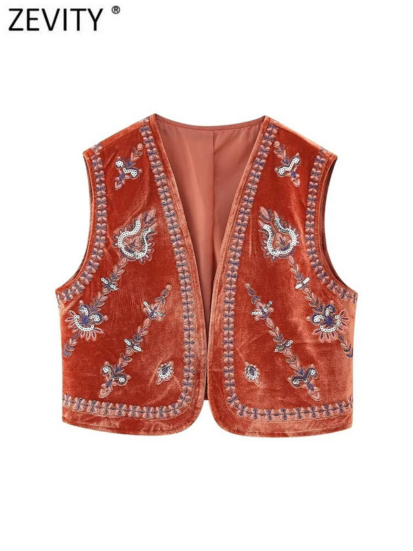 Zevity Ženska vintage šljokice Cvjetni vez Kratka jakna od baršunastog prsluka Ženski ležerni kardigan bez rukava Gornji dio prsluka CT5465