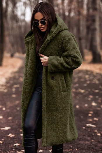 2024 Ανοιξιάτικο μάλλινο γυναικείο μακρύ παλτό μαύρη τσέπη με κουκούλα Χοντρό ζεστό τζάκετ Γυναικείο φλις Νέα Trench Μοντέρνα μόδα γυναικεία ρούχα