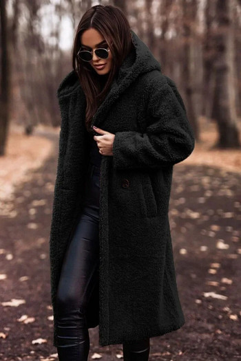 2024 г. Пролетно вълнено дамско дълго палто, черно, джоб с качулка, дебело топло яке, дамско поларено ново тренч, модерно модно дамско облекло