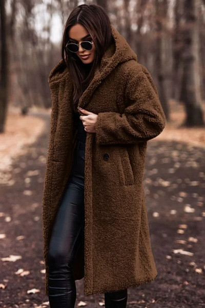 2024, primăvară, lână, haină lungă pentru femei, neagră, cu buzunar cu glugă, jachetă groasă, caldă, fleece pentru femei, trench nou, la modă, haine pentru doamne
