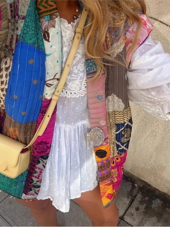 Есенни жилетки с пачуърк с флорални щампи за жени Сладки свободни жилетки с щампа без ръкави 2023 г. Ретро дамска жилетка с улично облекло