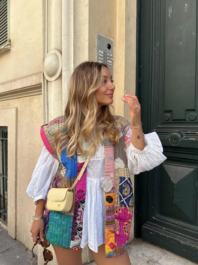 Veste cu patchwork cu imprimeu floral de toamnă pentru femei, dulci, fără mâneci, cu imprimare, veste largi 2023, vestă vintage pentru femeie