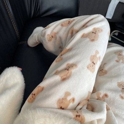 Moteriškos pižamos kelnės, šiltos flanelinės kelnės, plius vilnos, storintos koralinės vilnos kelnės Y2k žvaigždutėmis margintos flanelinės apatinės kišenės