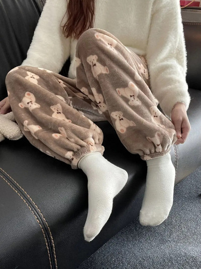 Moteriškos pižamos kelnės, šiltos flanelinės kelnės, plius vilnos, storintos koralinės vilnos kelnės Y2k žvaigždutėmis margintos flanelinės apatinės kišenės