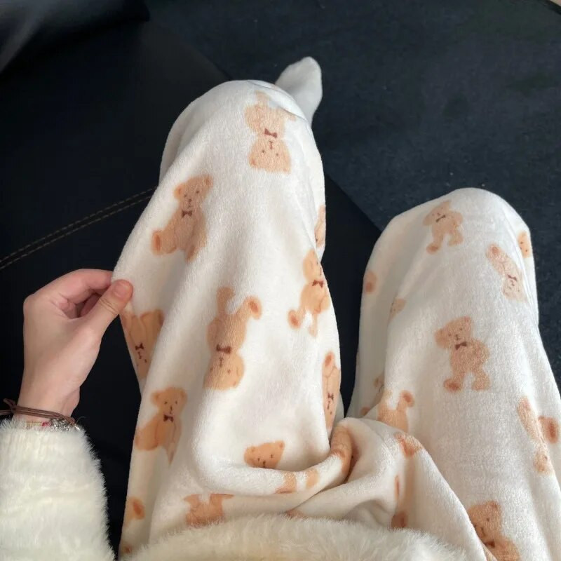 Moteriškos pižamos kelnės, šiltos flanelinės kelnės, plius vilnos, storintos koralinės vilnos kelnės Y2k žvaigždutėmis margintos flanelinės apatinės kišenės