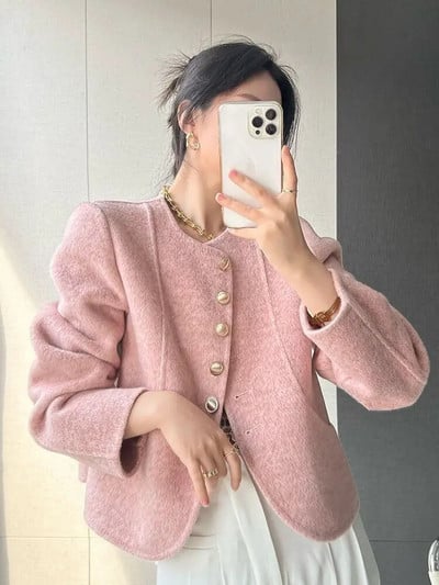 Elegantă haină scurtă de lână cu gât rotund, toamnă iarnă, îmbrăcăminte exterioară largi coreeană, solidă, cu un singur piept, jachete Casaco pentru femei