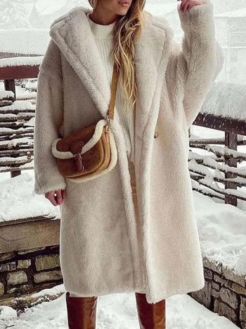 Бяло агнешко вълнено палто Дамско зимно дебело топло поларено теди палто Дамско извънгабаритно ежедневно свободно, дълго връхно облекло с ревер и дълги ръкави