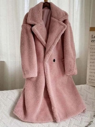 Baltas ėriuko vilnos paltas moteriškas žieminis storas šiltas vilnonis meškiukas moteriškas negabaritinis laisvalaikis laisvi ilgomis rankovėmis atvartas Ilgi viršutiniai drabužiai