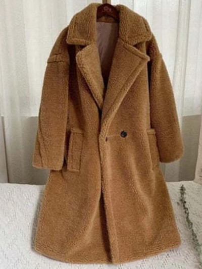 Baltas ėriuko vilnos paltas moteriškas žieminis storas šiltas vilnonis meškiukas moteriškas negabaritinis laisvalaikis laisvi ilgomis rankovėmis atvartas Ilgi viršutiniai drabužiai