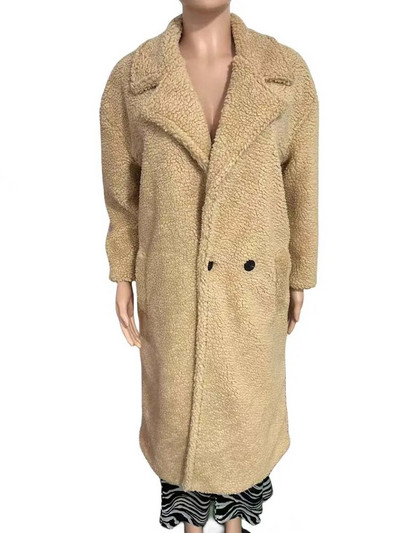 Baltas ėriuko vilnos paltas moteriškas žieminis storas šiltas vilnonis meškiukas moteriškas negabaritinis laisvalaikis laisvi ilgomis rankovėmis atvartas Ilgi viršutiniai drabužiai