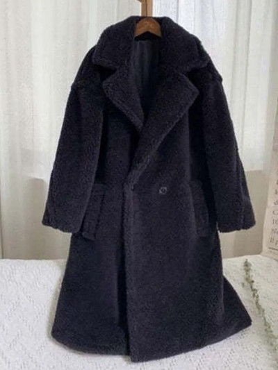 Baltas ėriuko vilnos paltas moteriškas žieminis storas šiltas vilnonis meškiukas moteriškas negabaritinis laisvalaikis laisvi ilgomis rankovėmis atvartas Ilgi viršutiniai drabužiai