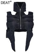 DEAT Fashion Femei Palton căptușit din bumbac Guler Stand Fermoar Negru Simetrie Vestă dezactivată Toamna 2024 Nou Tide 7AB115