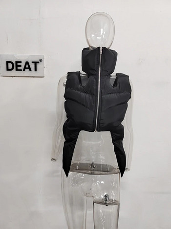Модна дамска жилетка DEAT с памучна подплата, яка и издълбан цип, черна симетрична жилетка с оголване на средата на есента на 2024 г. Нов прилив 7AB115