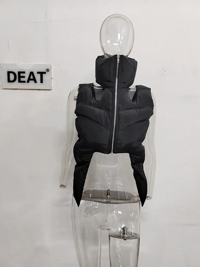 DEAT Fashion Femei Palton căptușit din bumbac Guler Stand Fermoar Negru Simetrie Vestă dezactivată Toamna 2024 Nou Tide 7AB115