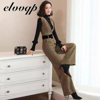 Salopete de lână pentru femei de primăvară Vestă de lână Salopetă pentru doamnă de birou Costum de afaceri elegant Pantaloni largi Îmbrăcăminte de modă pentru femei