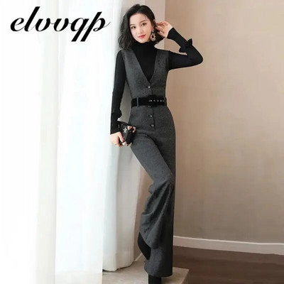 Salopete de lână pentru femei de primăvară Vestă de lână Salopetă pentru doamnă de birou Costum de afaceri elegant Pantaloni largi Îmbrăcăminte de modă pentru femei