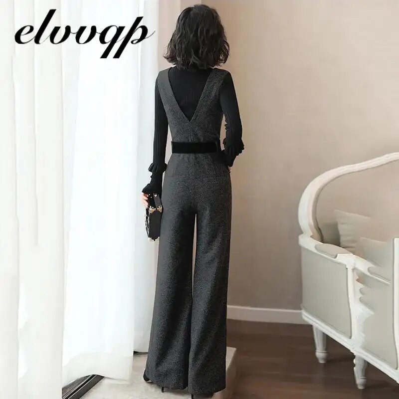 Tavaszi női gyapjú overál gyapjú mellény Jumpsuit Office Lady Elegáns üzleti öltöny széles szárú nadrág Női divatos ruházat