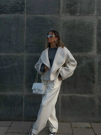 Ежедневно бяло дамско вълнено палто 2023 Свободно късо удебелено есенно зимно палто с дълъг ръкав Дамско елегантно шикозно улично палто