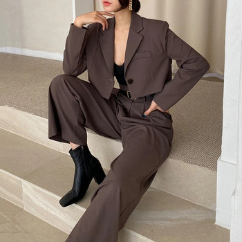 Office Lady Blazer Suites Vintage σετ δύο τεμαχίων Γυναικείο μακρυμάνικο κοντό σακάκι + ψηλόμεσο παντελόνι 2 τεμαχίων με φαρδύ πόδι