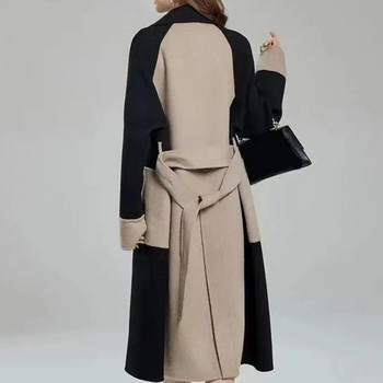 Зимно палто за 2023 г. Двуредно съвпадение на цвета със средна дължина, двустранна отложна яка, запазва топлината, джобовете, голямо дамско палто