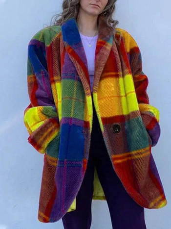Карирано дамско яке с дълъг ръкав и джоб с едноредовно ежедневие Ежедневно женско палто 2024 Пролетно елегантно дамско палто с V-образно деколте