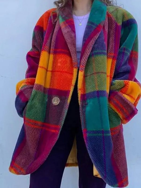 Panelezett kockás női dzseki, hosszú ujjú, zsebes, egysoros, alkalmi női kabát, 2024 tavaszi V-nyakú, elegáns női felöltő