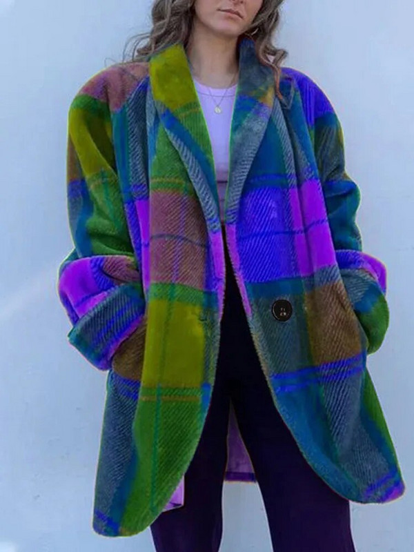 Panelezett kockás női dzseki, hosszú ujjú, zsebes, egysoros, alkalmi női kabát, 2024 tavaszi V-nyakú, elegáns női felöltő