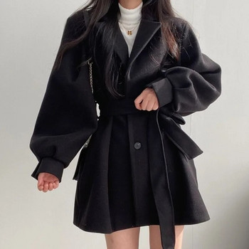 Γυναικείο παλτό από μασίφ μαλλί με λεπτή εφαρμογή Ζώνη παλτό Γυναικείο ζεστό βαμβάκι Πιο παχύ V-λαιμόκοψη Γραφείο Lady Κομψά, μοντέρνα ρούχα με κουμπιά
