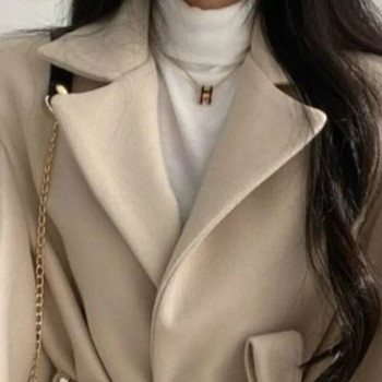 Дамско палто от плътна вълнена смес, прилепнали палта с колан, дамско топло памучно, по-дебело V-образно деколте, офис дама, елегантно, модно връхно облекло с копчета