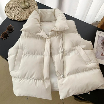 Удобна семпла едноцветна яка със стойка, зимна памучна жилетка с пуф Универсална подплатена жилетка с шнур и подгъва Дамско облекло