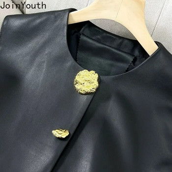 Γιλέκο PU για γυναίκες 2023 Ropa Mujer Temperament Tanks Αμάνικο τσέπες με λαιμόκοψη τσέπες casual γιλέκο Vintage μονόχρωμο Crop tops