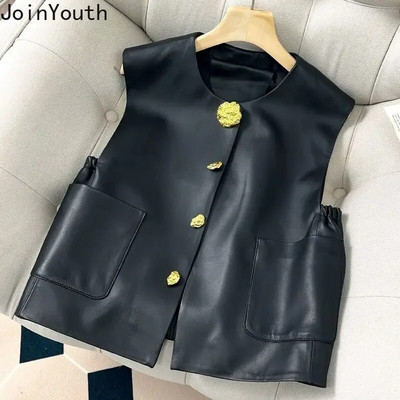 Vestă din PU pentru femei 2023 Ropa Mujer Tancuri cu temperament fără mâneci, cu decolteu O, buzunare, Vestă ocazională, Topuri crop de culoare solidă, vintage