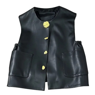 Vestă din PU pentru femei 2023 Ropa Mujer Tancuri cu temperament fără mâneci, cu decolteu O, buzunare, Vestă ocazională, Topuri crop de culoare solidă, vintage