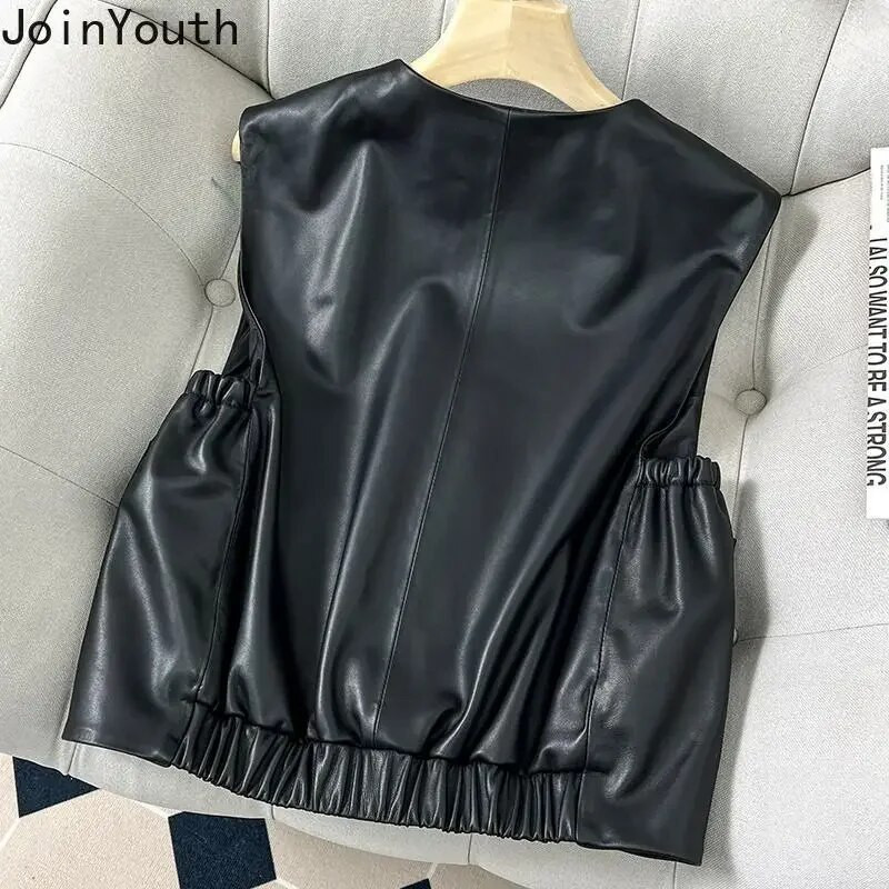 Γιλέκο PU για γυναίκες 2023 Ropa Mujer Temperament Tanks Αμάνικο τσέπες με λαιμόκοψη τσέπες casual γιλέκο Vintage μονόχρωμο Crop tops