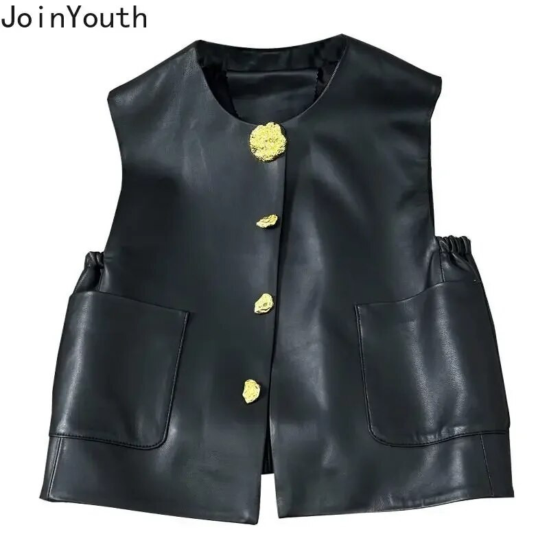 Γιλέκο PU για γυναίκες 2023 Ropa Mujer Temperament Tanks Αμάνικο τσέπες με λαιμόκοψη τσέπες casual γιλέκο Vintage μονόχρωμο Crop tops
