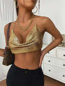 Top crop de petrecere cu paiete metalic Bling Y2k Fashion Solid cu bretele fără spate Camisole Top crop pentru femei Rave Festival