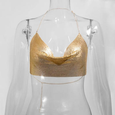 Top crop de petrecere cu paiete metalic Bling Y2k Fashion Solid cu bretele fără spate Camisole Top crop pentru femei Rave Festival