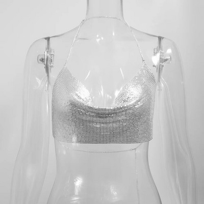 Top crop de petrecere cu paiete metalic Bling Y2k Fashion Solid cu bretele fără spate Camisole Top crop pentru femei Rave Festival