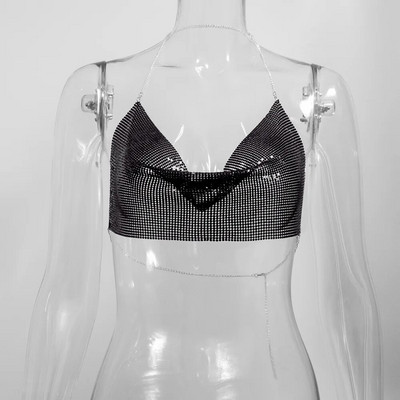 Top crop de petrecere cu paiete metalic Bling Y2k Fashion Solid cu bretele fără spate Camisole Top crop pentru femei Rave Festival
