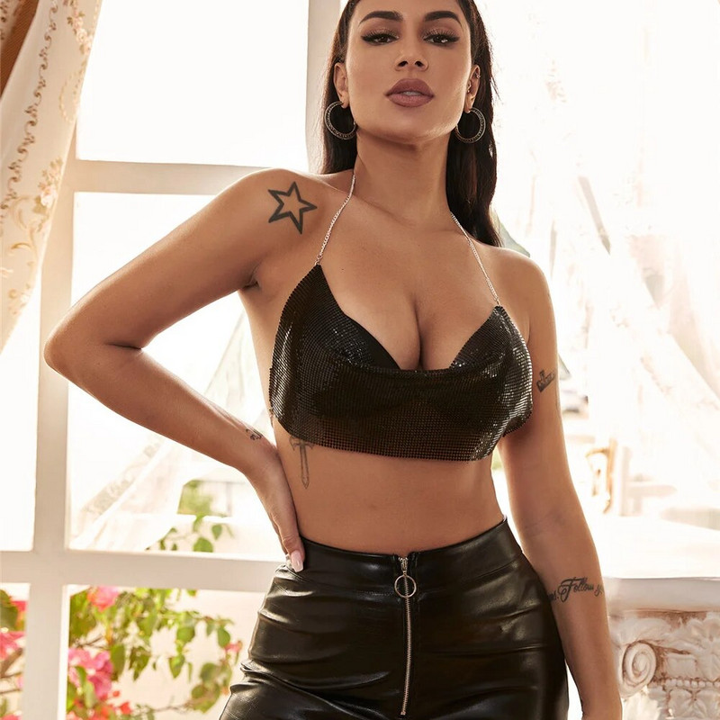 Bling metalik šljokičasta majica s kratkim rukavima Y2k modna jednobojna majica s naramenicama bez leđa Skraćena majica s kratkim rukavima za žene Rave Festival