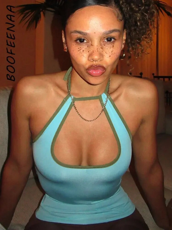 BOOFEENAA Y2k tankfelső, női üreges, hát nélküli kötőfék, nyakba köthető felsők Női ruházat Aranyos szexi nyári Camisole C85-AE10