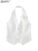 Zevity Moda pentru femei, cu un singur sân, cu design de flori, vestă albă, jachetă pentru dama de birou, fără mâneci, cu vestă crop Top CT4438