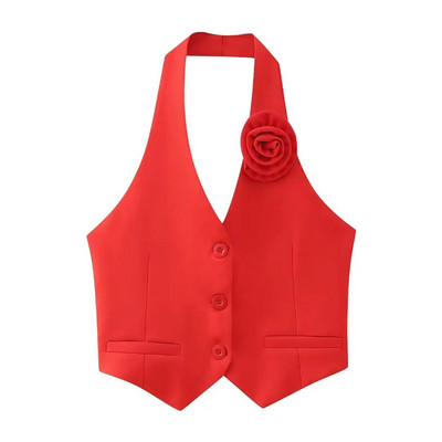 Zevity Moda pentru femei, cu un singur sân, cu design de flori, vestă albă, jachetă pentru dama de birou, fără mâneci, cu vestă crop Top CT4438