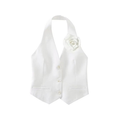 Zevity Moda pentru femei, cu un singur sân, cu design de flori, vestă albă, jachetă pentru dama de birou, fără mâneci, cu vestă crop Top CT4438